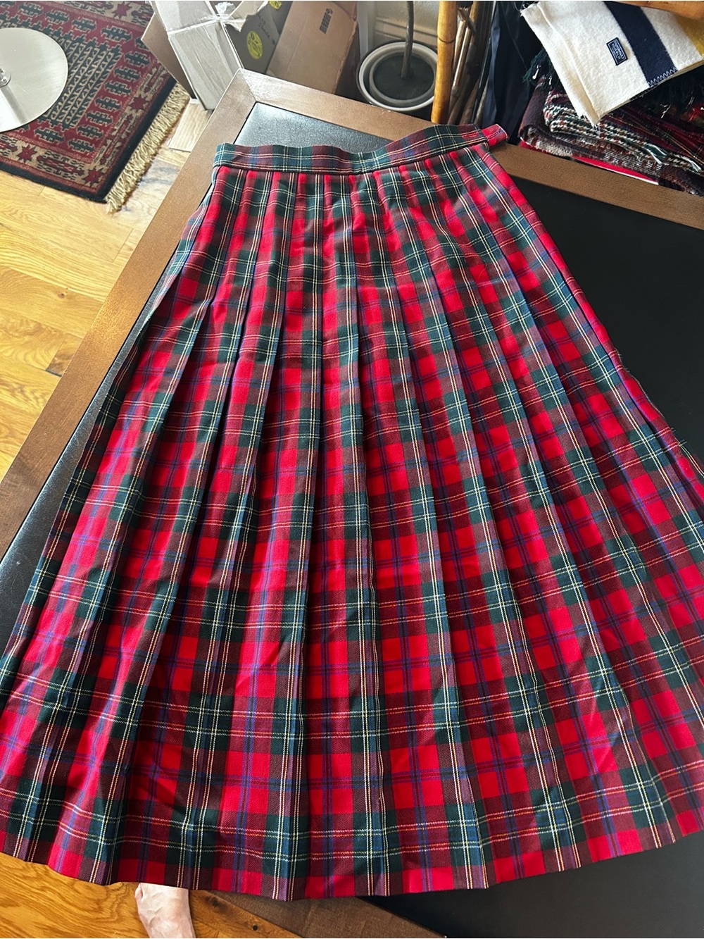 Vintage 100% Wool Talbots Red and Green Tartan Pleated A-Line Skirt